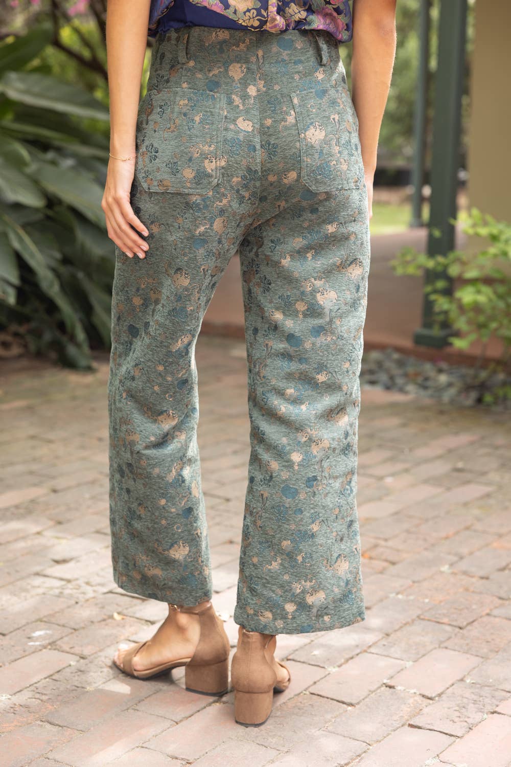 Gold Button Abstract Velvet Jaquard Wide Leg Pants
