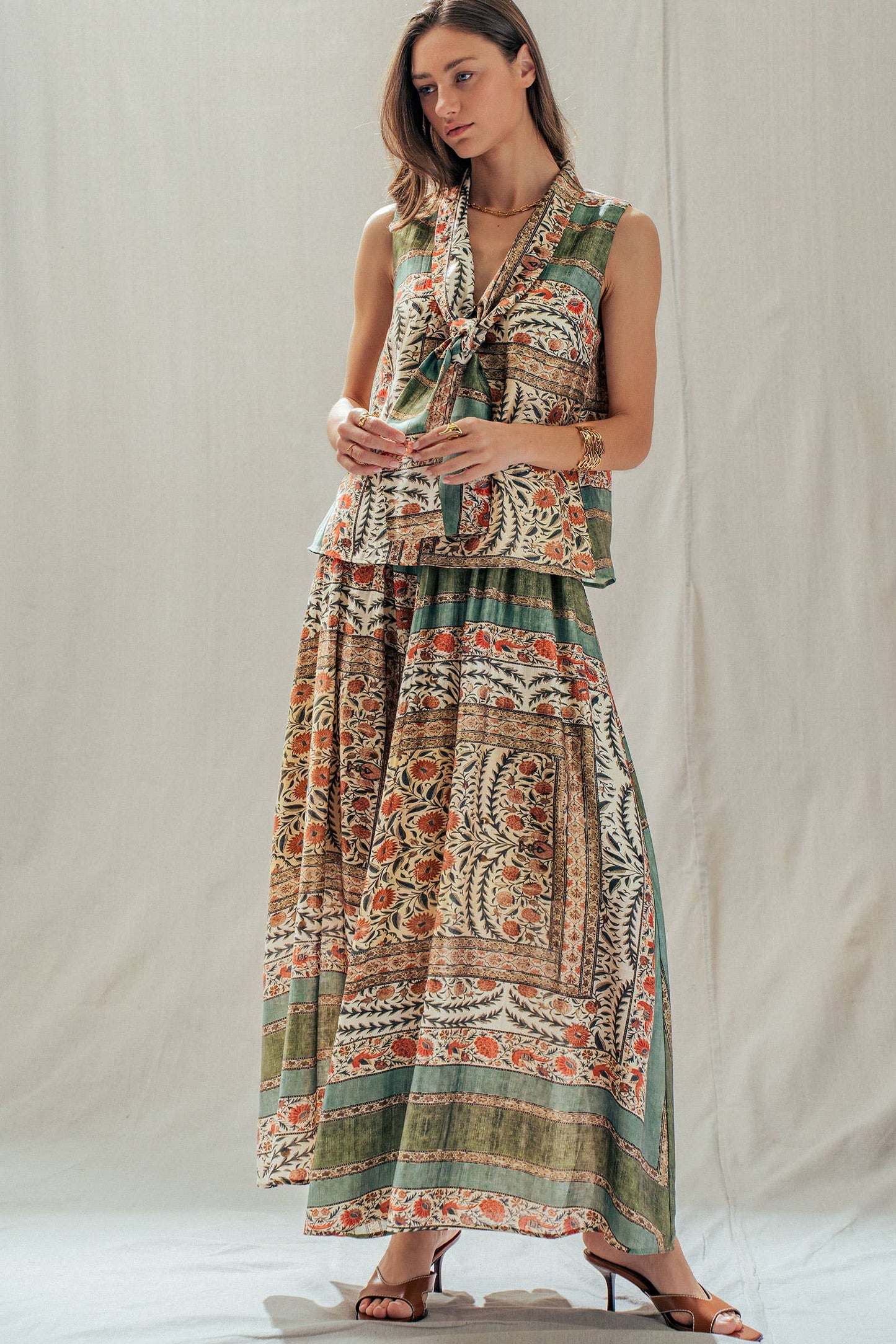 Botanical Bird Print Tie-Front Tencel Blend Top