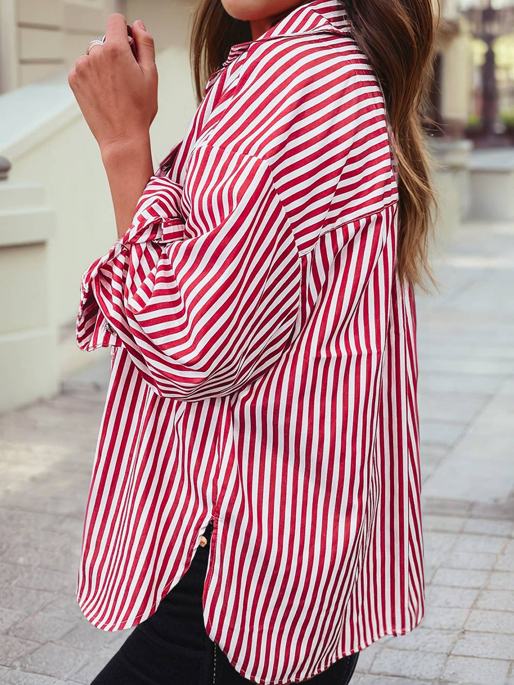 Stripe Patch Pocket Side Slit Loose Shirt