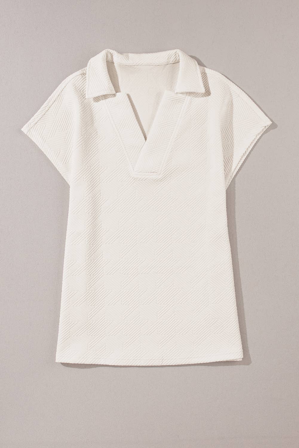 Textured V Neck Collared Short Sleeve Top