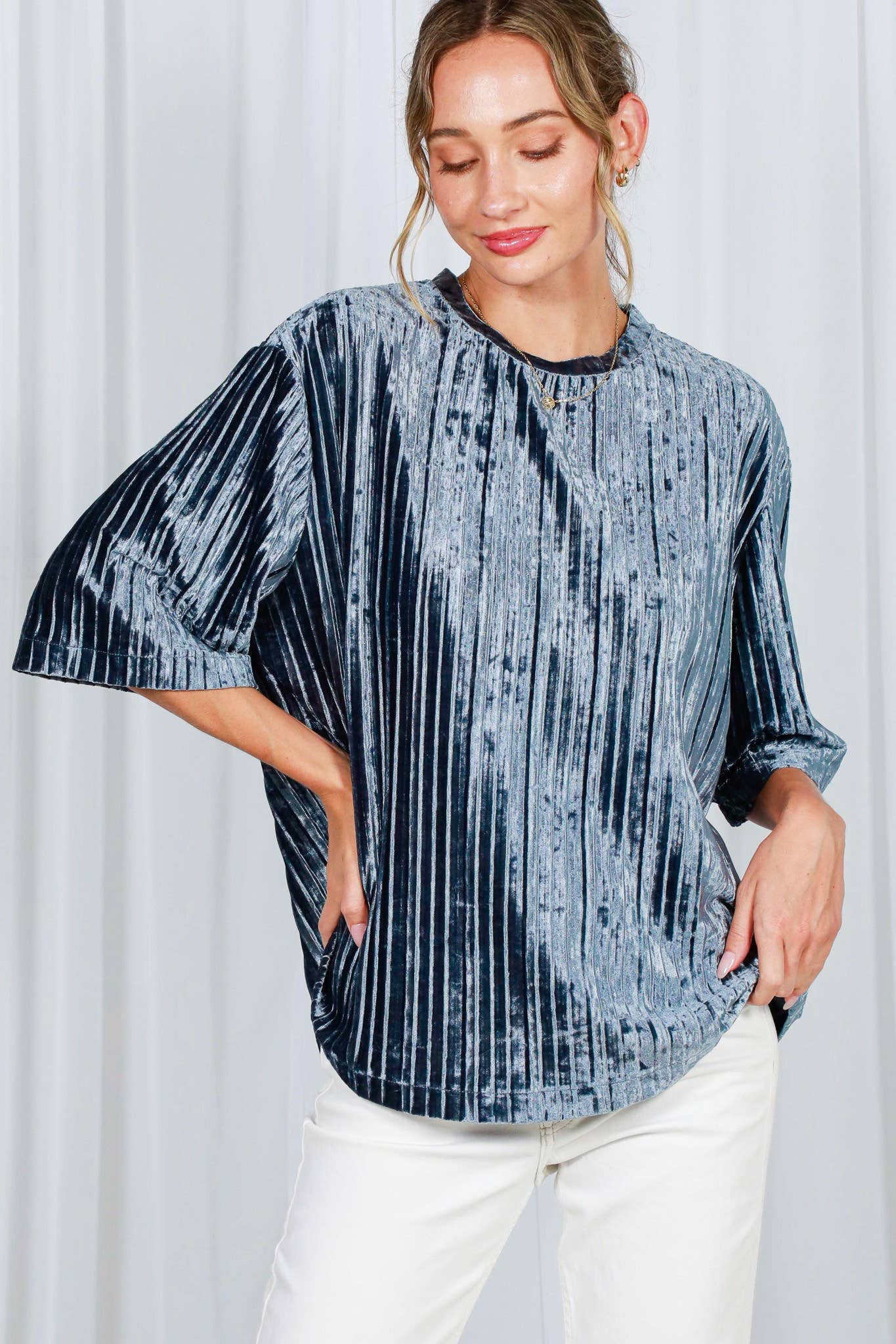 Pleated Velvet Crew Neck Band Short-Sleeve Top