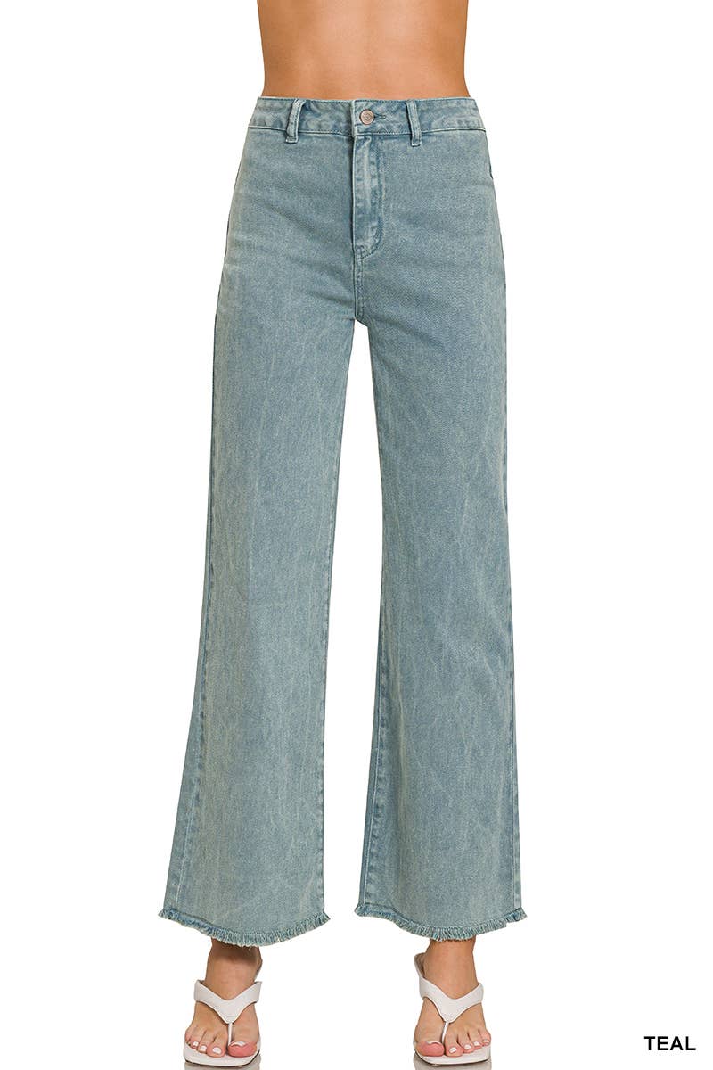 Acid Washed Frayed Cutoff Hem Straight Wide Pants