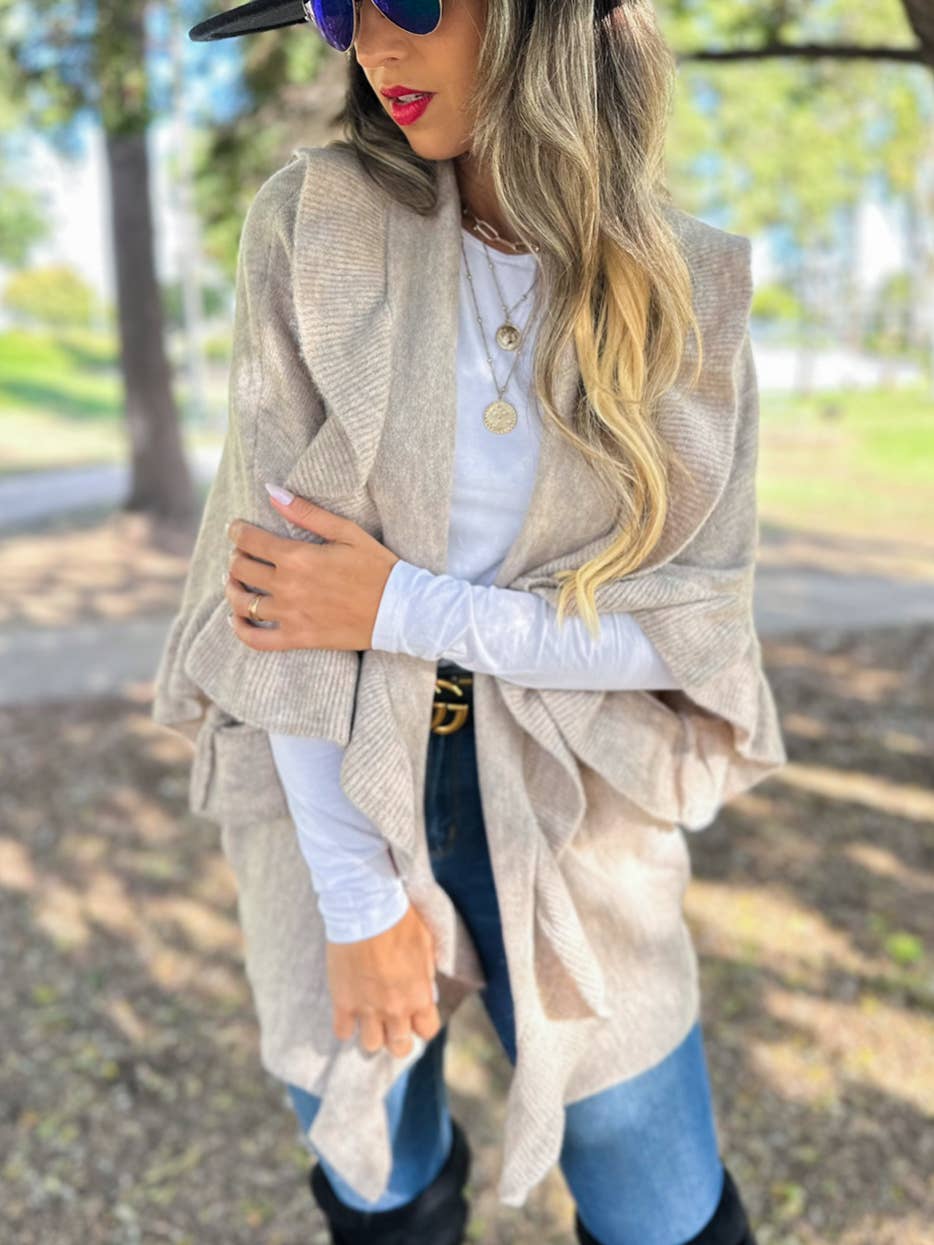 Oatmeal Beige Soft Knit Ruffle Detail Cardigan