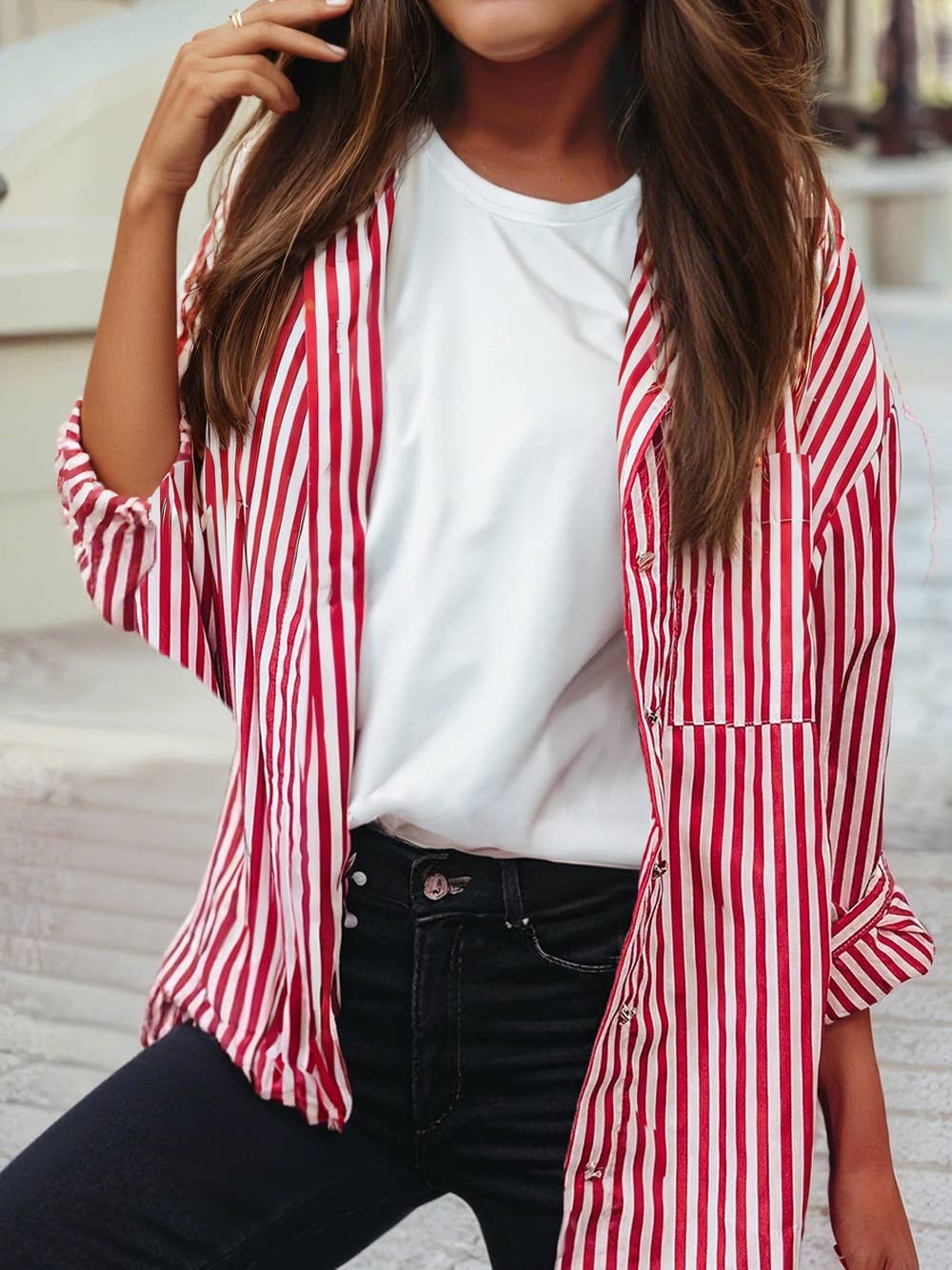 Stripe Patch Pocket Side Slit Loose Shirt