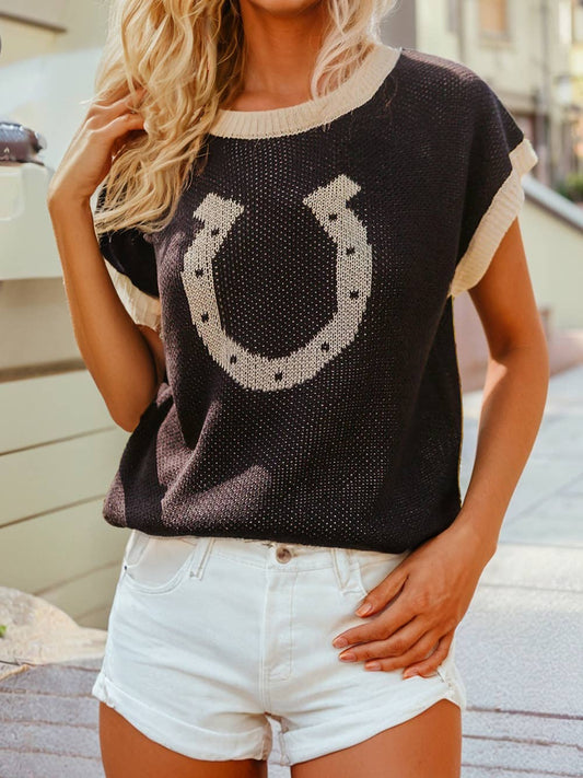 Horse Shoe Pattern Contrast Trim Short Sleeve Sweater