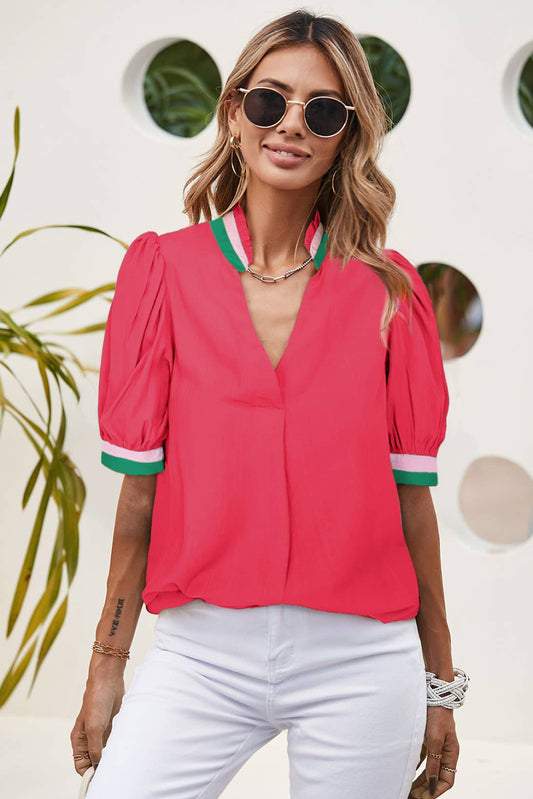 Colorful Trim Collar Pinched V Neck Blouse