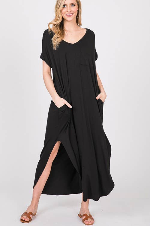 Black Solid Maxi Dress with Side Slit