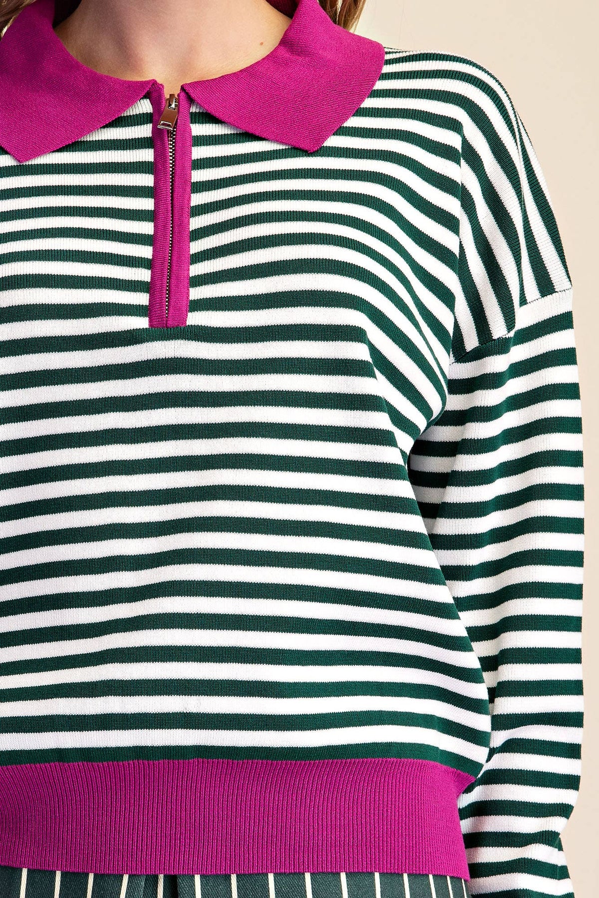 Collar Zip Neck Long Sleeve Stripe Sweater