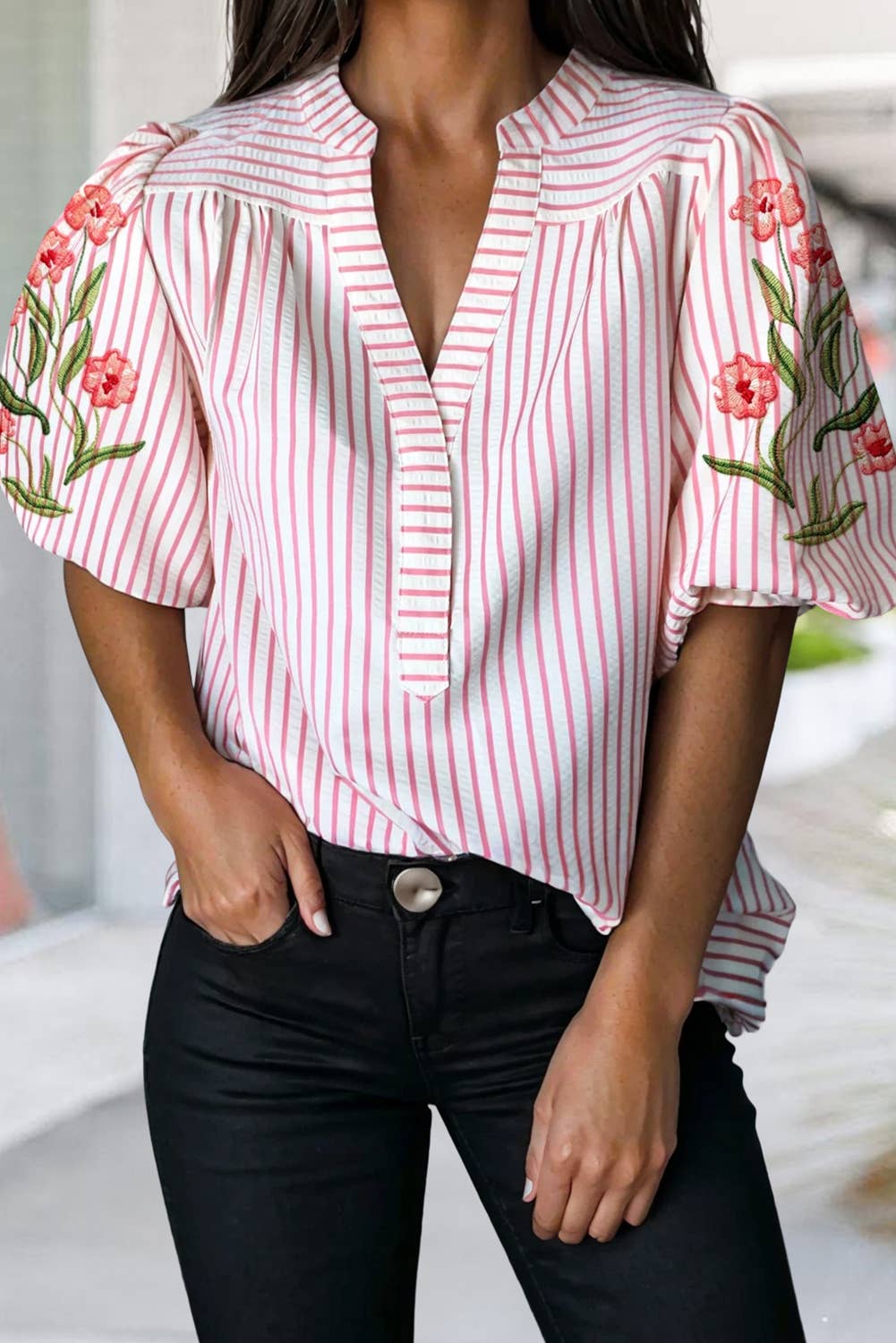 Floral Embroidered Puff Sleeve Striped  Blouse | S-XL