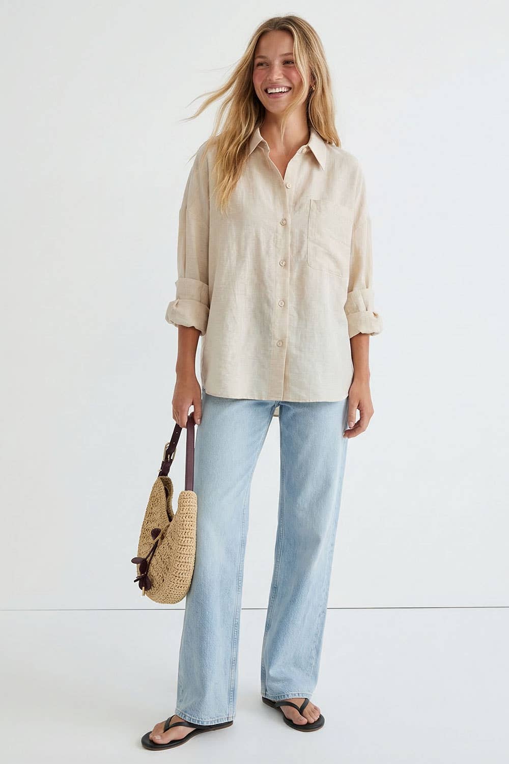 Linen Blend Rolled Sleeve Shirt