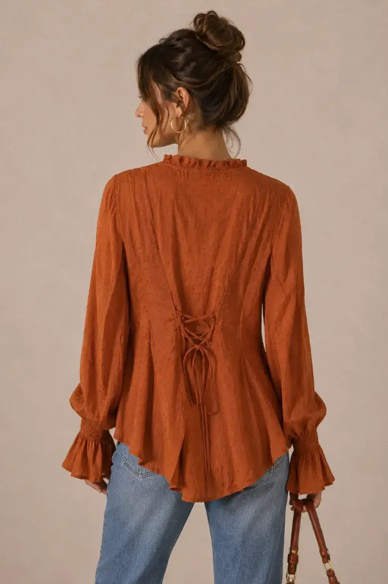 Swiss Dot Peasant Sleeve Button Down Top