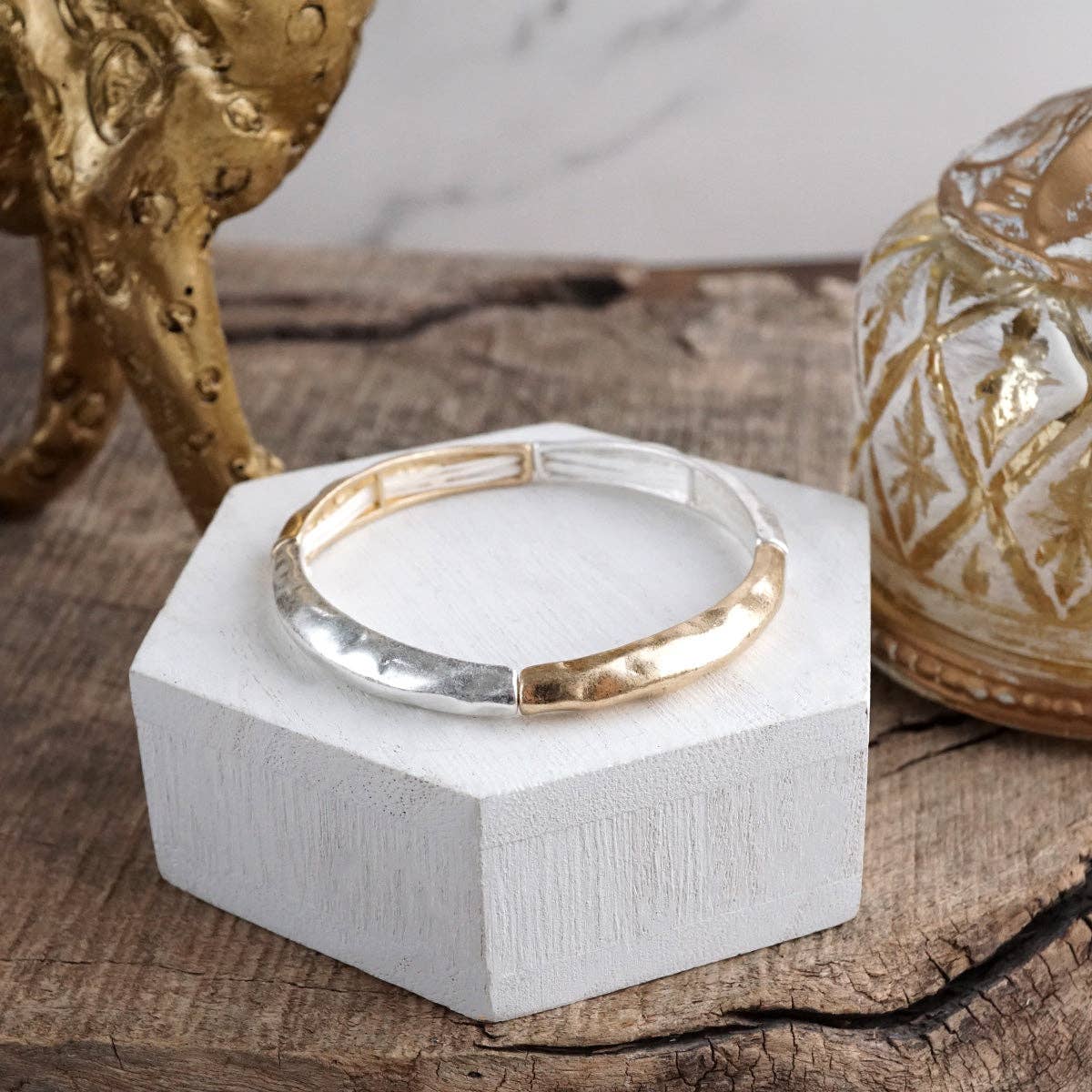 Boho Stretchy Minimalist Bangle Raw Textured Worn Silver tones