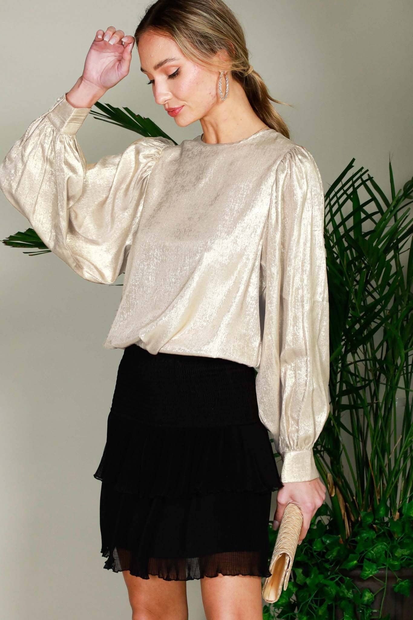 Long Balloon Sleeve Round Neck Metallic Woven Blouse