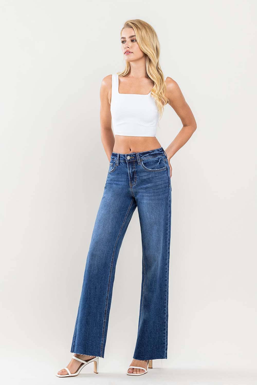 HIGH RISE CLEAN CUT RAW HEM WIDE JEANS