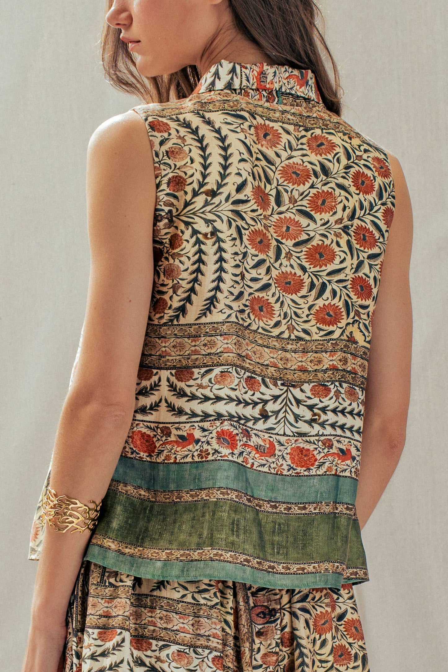 Botanical Bird Print Tie-Front Tencel Blend Top