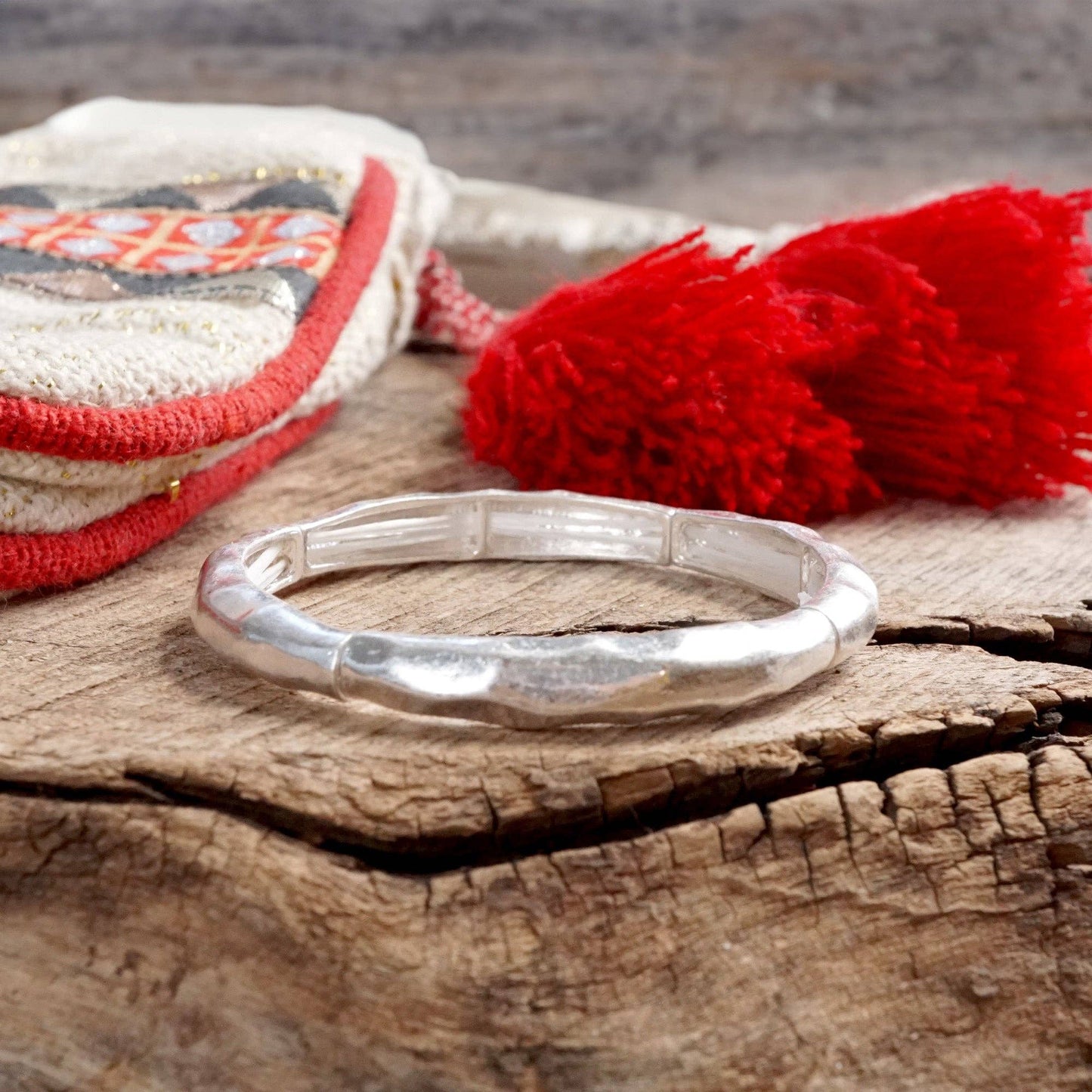 Boho Stretchy Minimalist Bangle Raw Textured Worn Silver tones