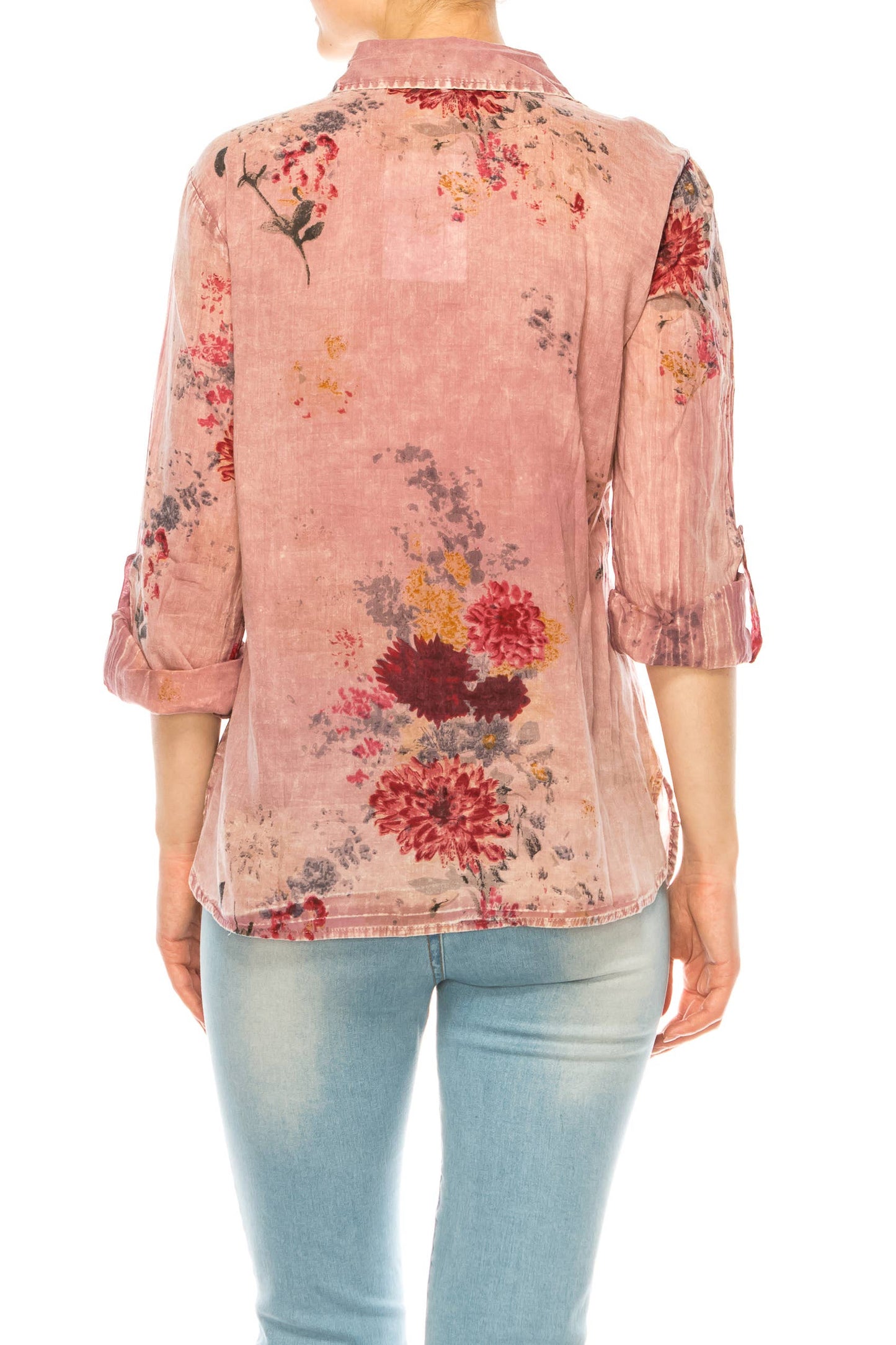 Vintage Pink Floral Printed Shirt with Embroidery