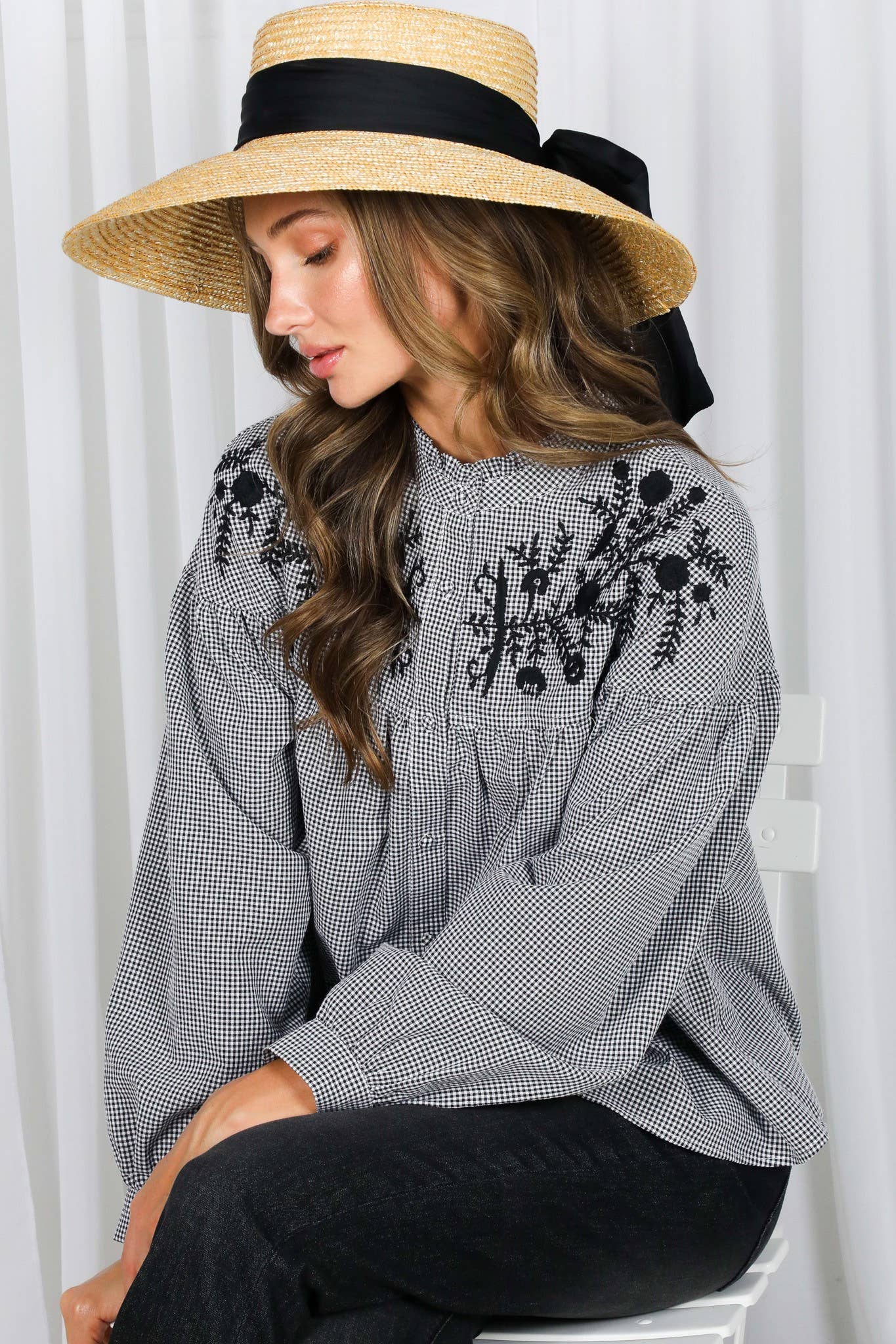 Ruffle Neck  Gingham Blouse