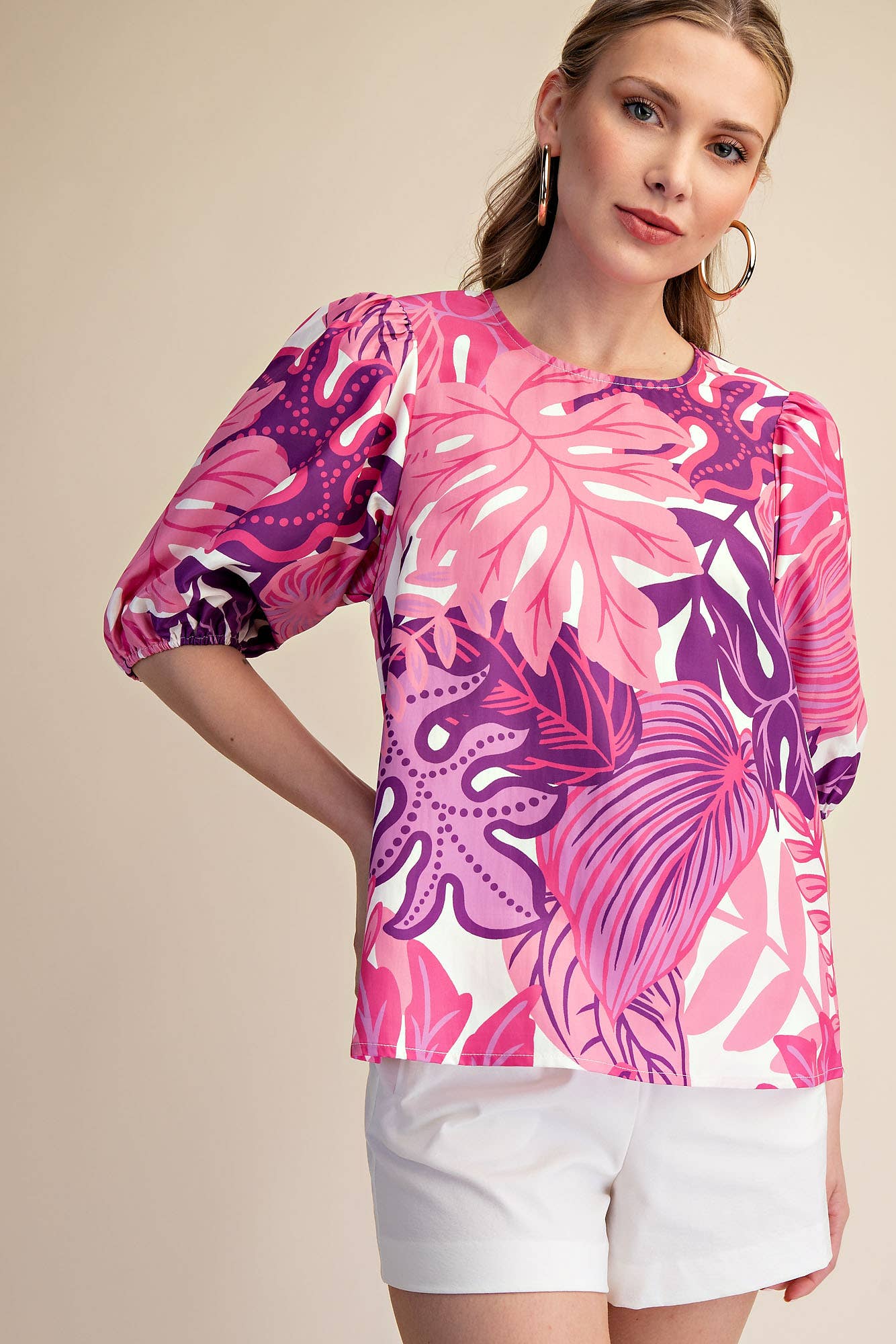 Puff Sleeve Tropical Printed Top