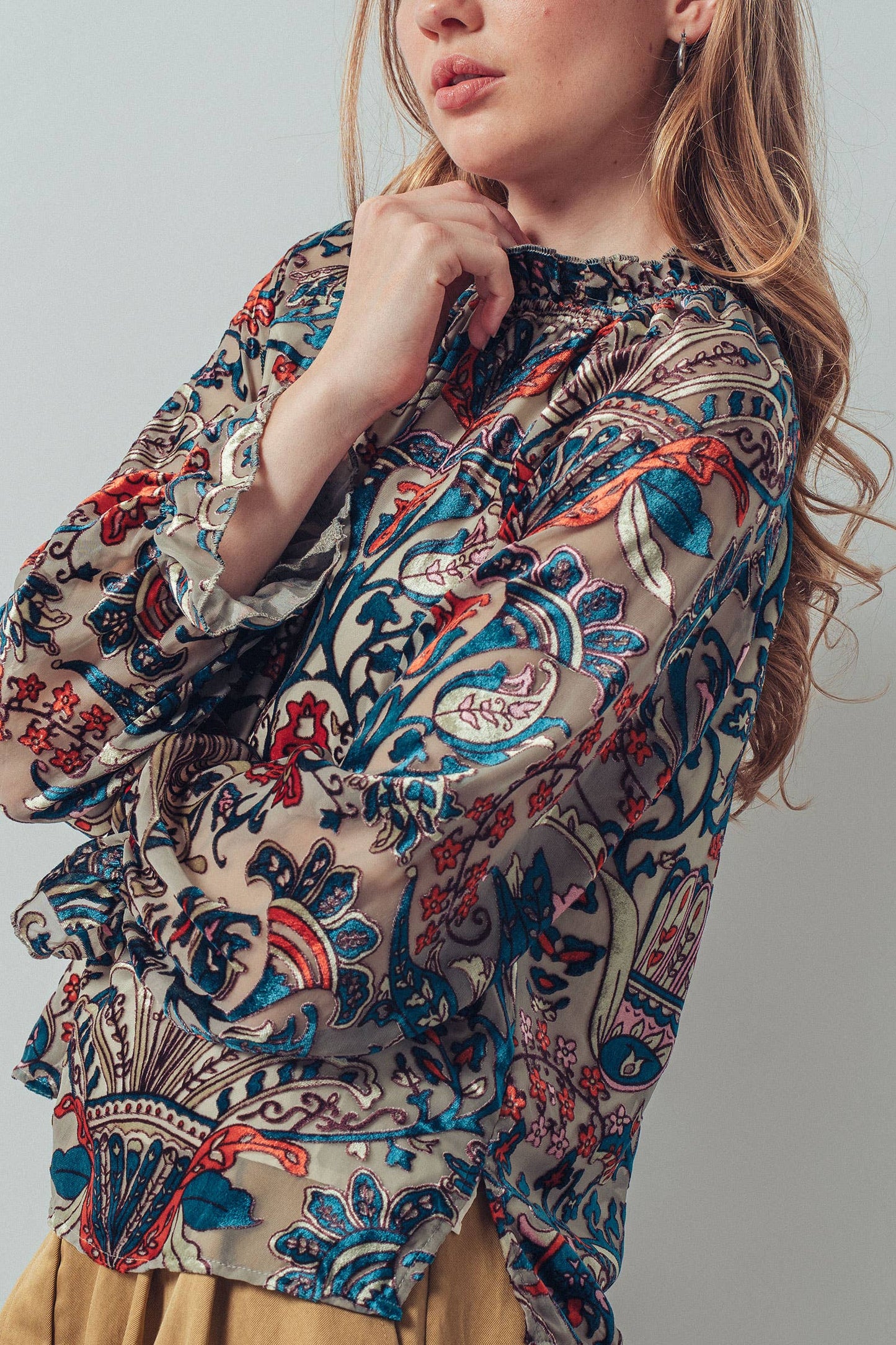 Burnout Velvet Smocked Mock Neck Blouse
