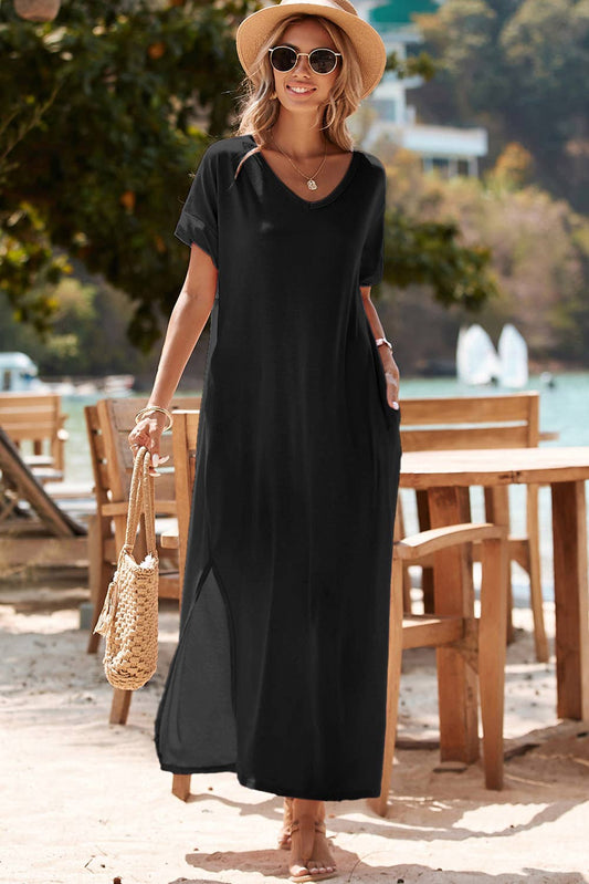 V Neck Hidden Pocket Splits Maxi Shirt Dress