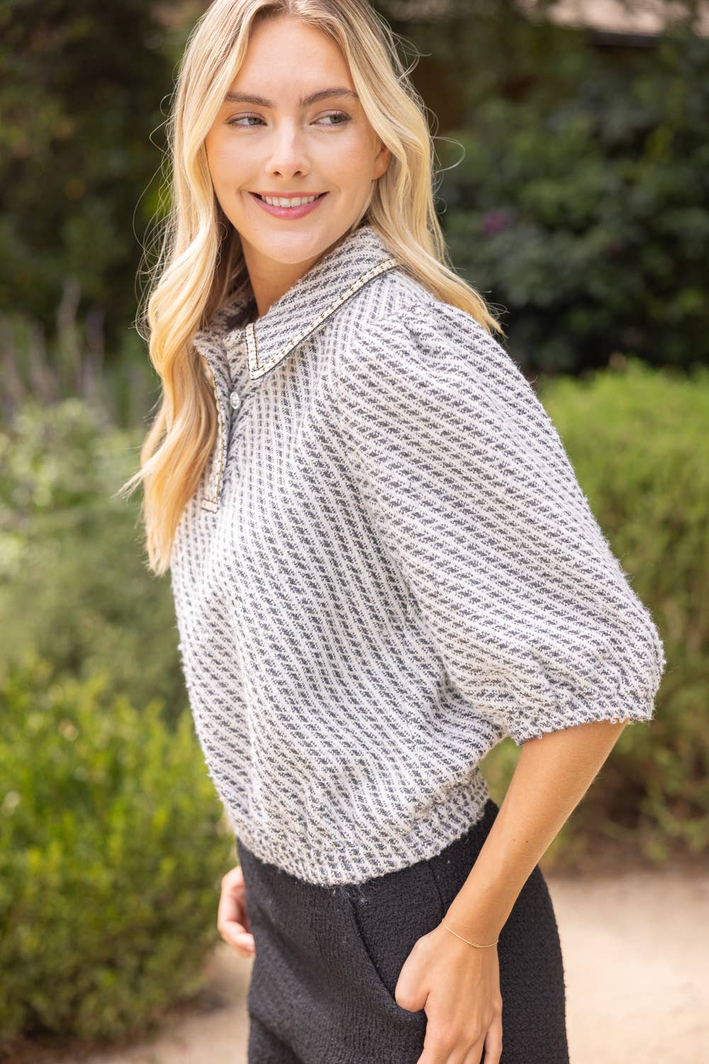 36950 Pearl Quarter Button Collared Tweed Top