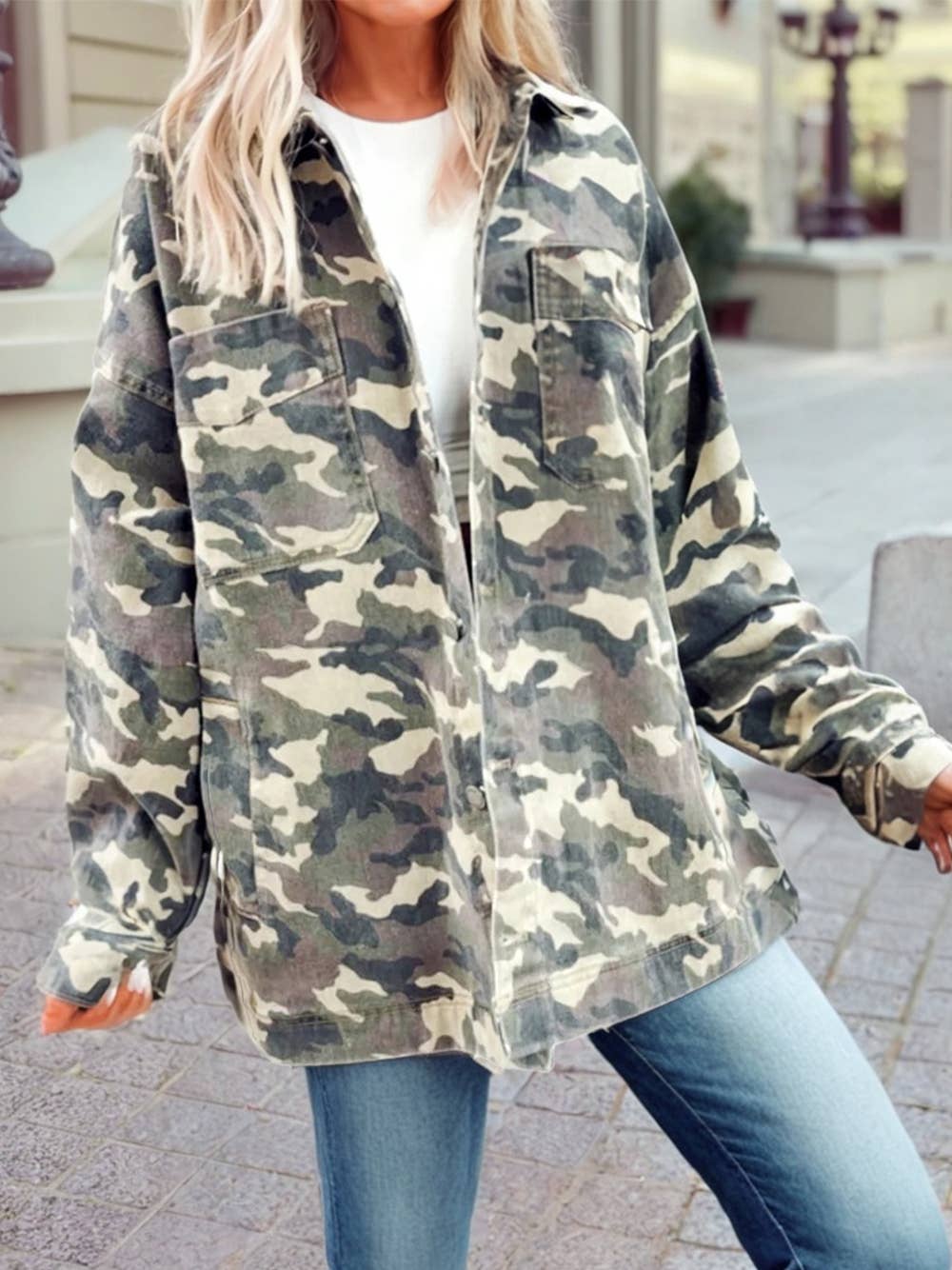 Camo Chest Pockets Loose Jean Jacket