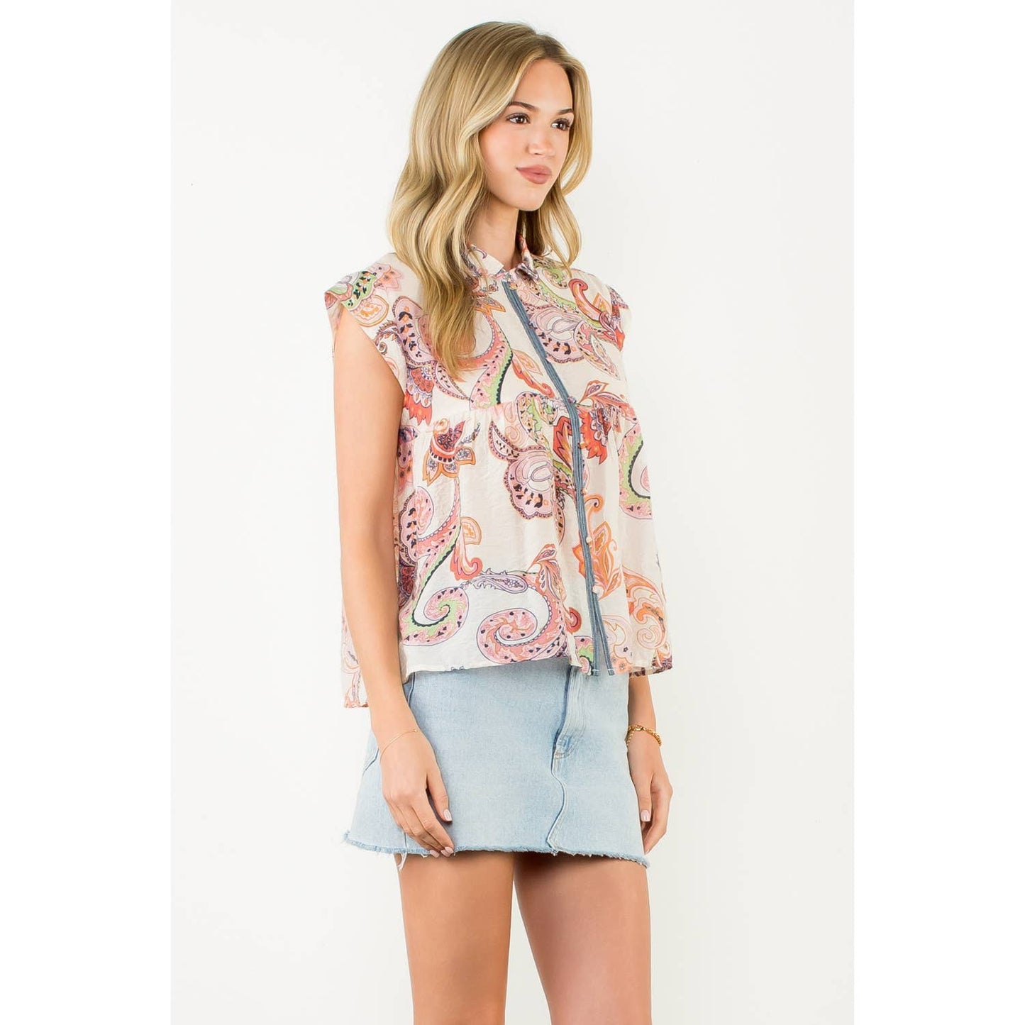 Cap Sleeve Paisley Button Down Top