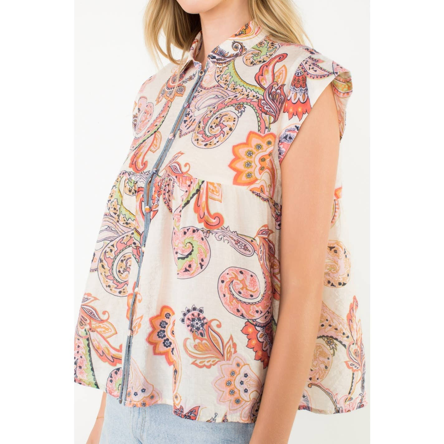 Cap Sleeve Paisley Button Down Top