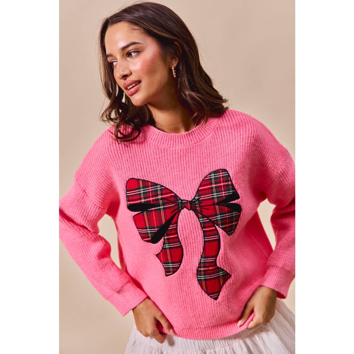 CHECKER PLAID RIBBON CHRISTMAS HOLIDAY SWEATER TOP