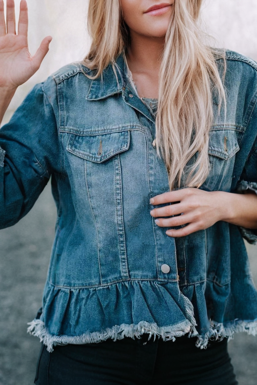 Raw Edge Ruffled Short Sleeve Denim Jacket