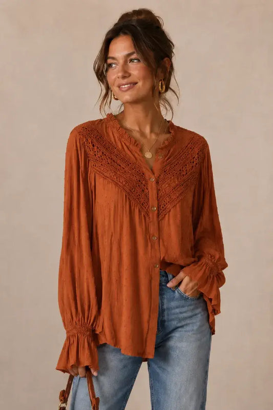 Swiss Dot Peasant Sleeve Button Down Top