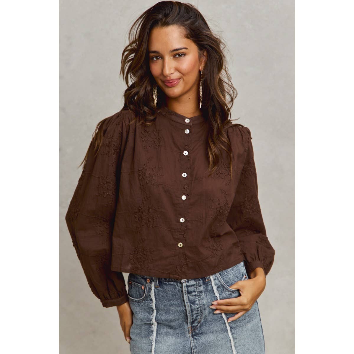 3D FLORAL WOVEN LONG SLEEVE FRONT BUTTON SHIRT