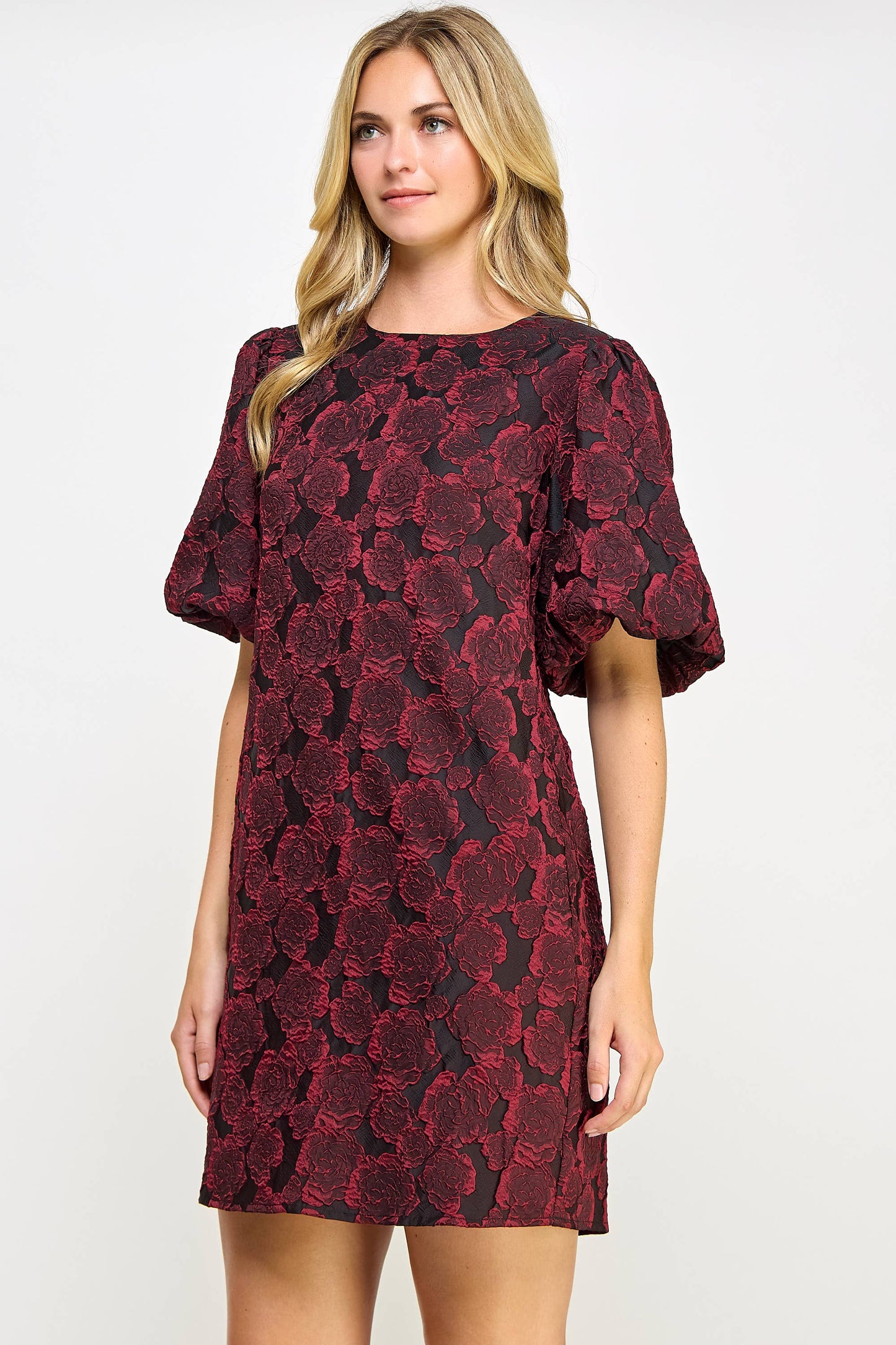 PUFF SLEEVE JACQUARD DRESS WINE