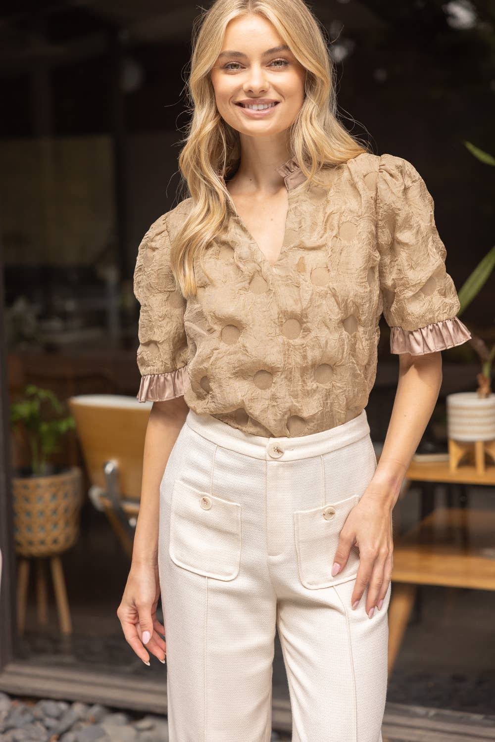 Satin Ruffled  Dotted Textured Top