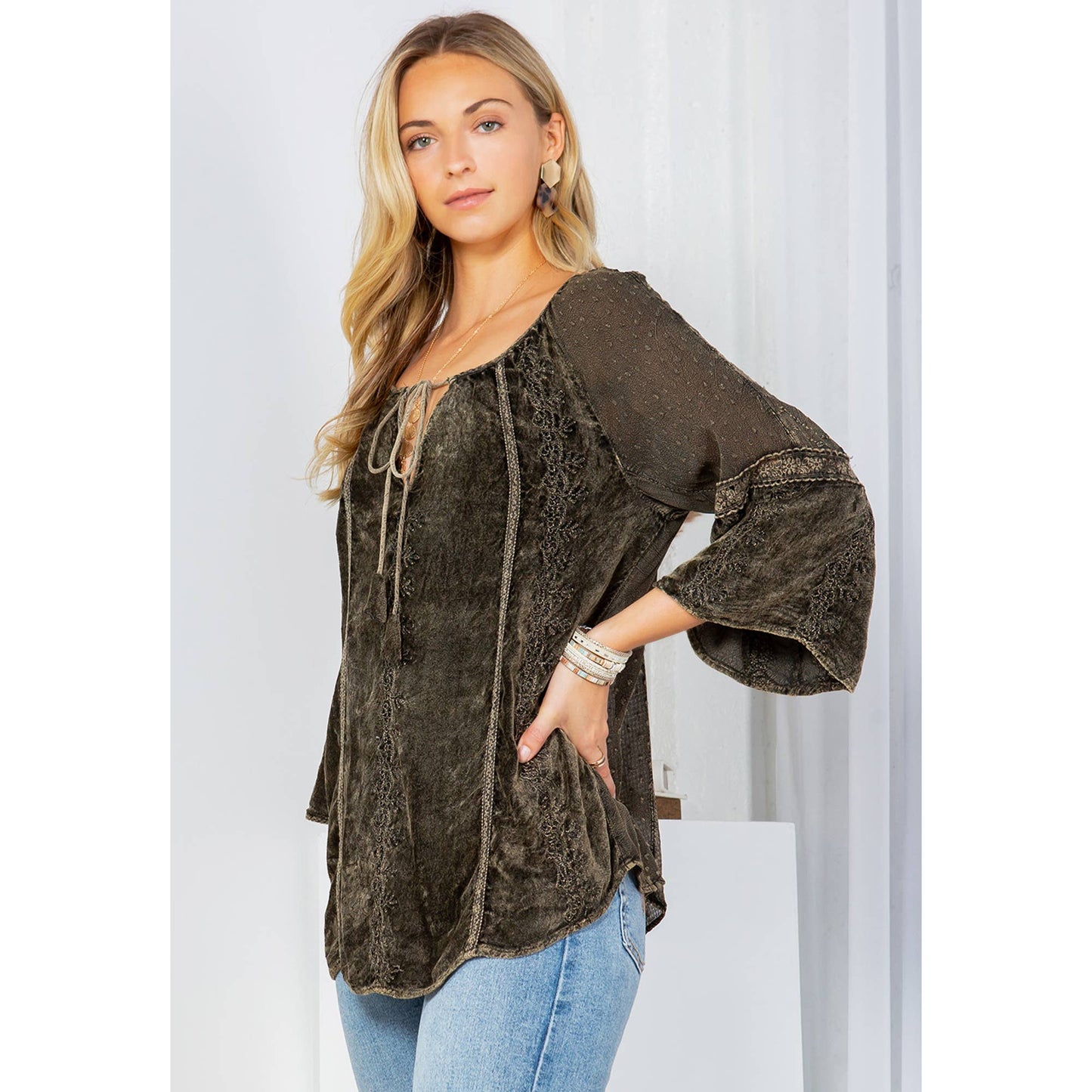 Velvet & Georgette Patchwork Peasant Top