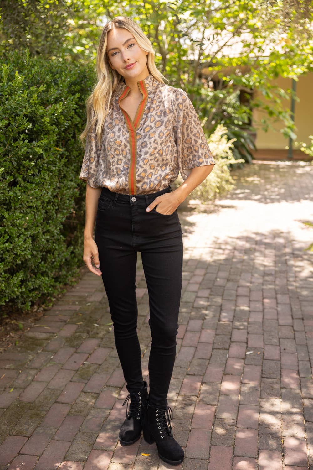 Stripe Placket Detail Leopard Print Metallic Top