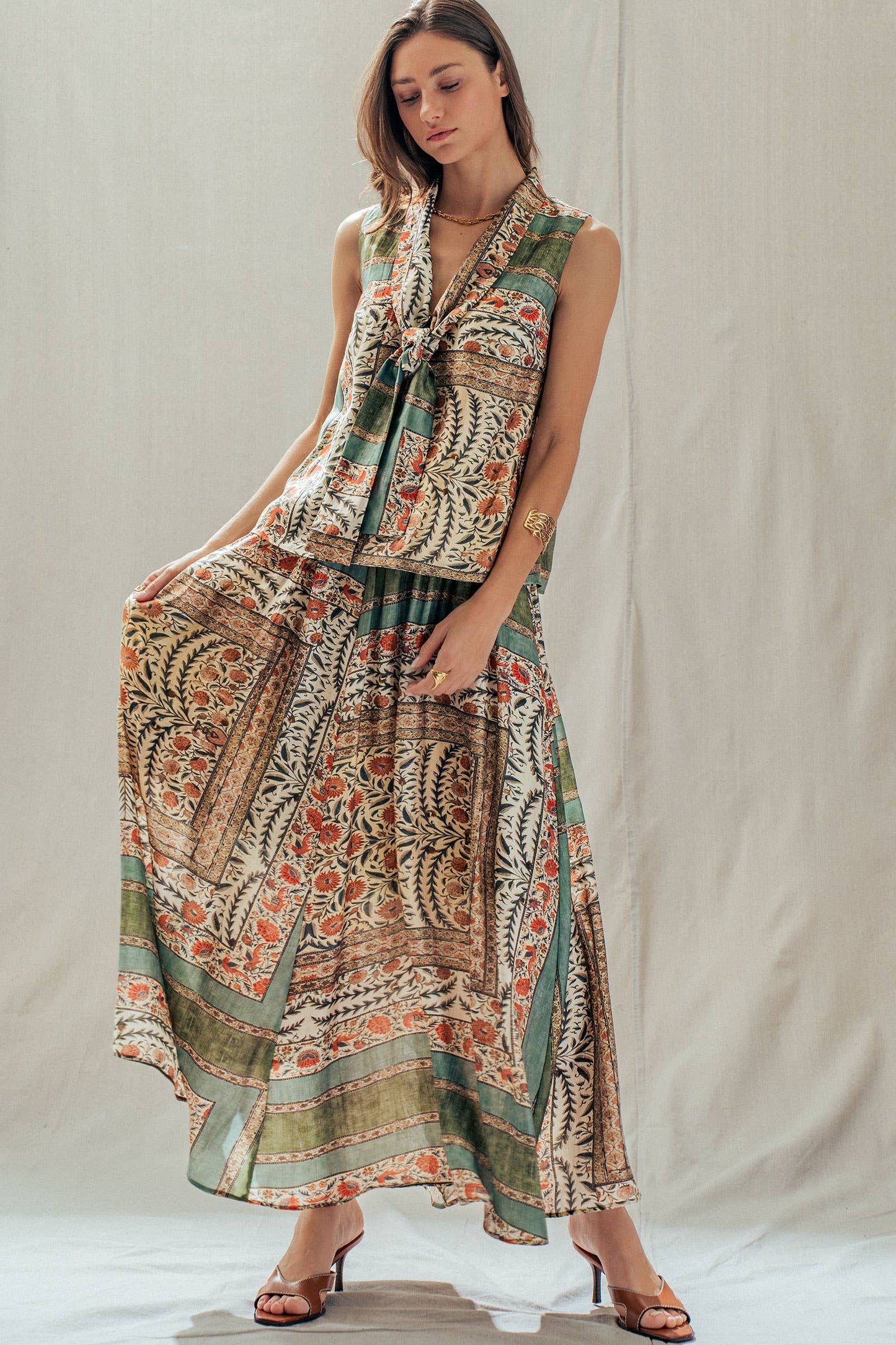 Botanical Bird Print Tencel Blend Maxi Skirt