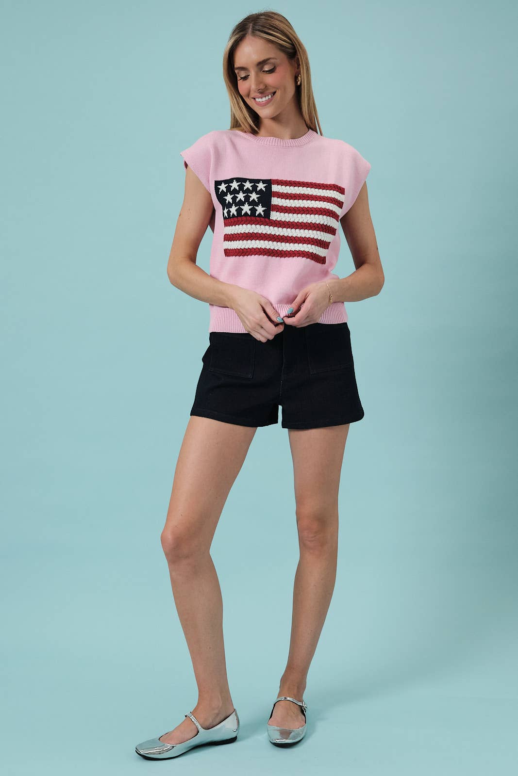 ROUND NECK WIDE SHOULDER USA FLAG SWEATER
