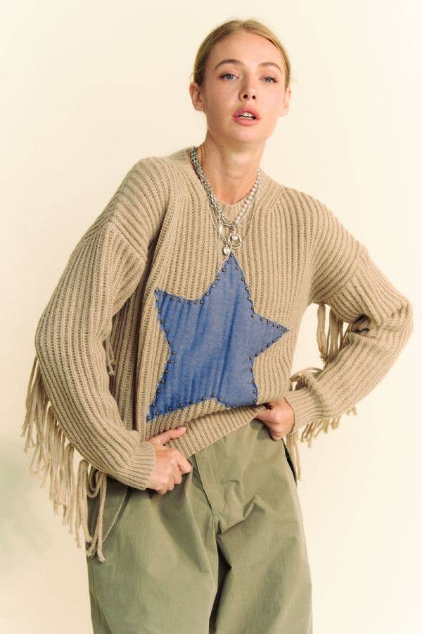 DENIM STAR STUD PATCH FRINGE LONG SLEEVE SWEATER