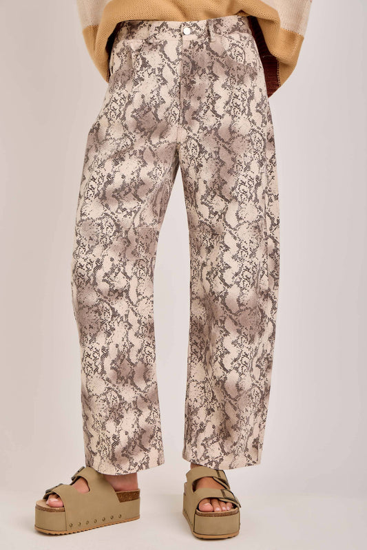 VINTAGE SNAKESKIN PRINT TWILL DENIM BARREL PANT