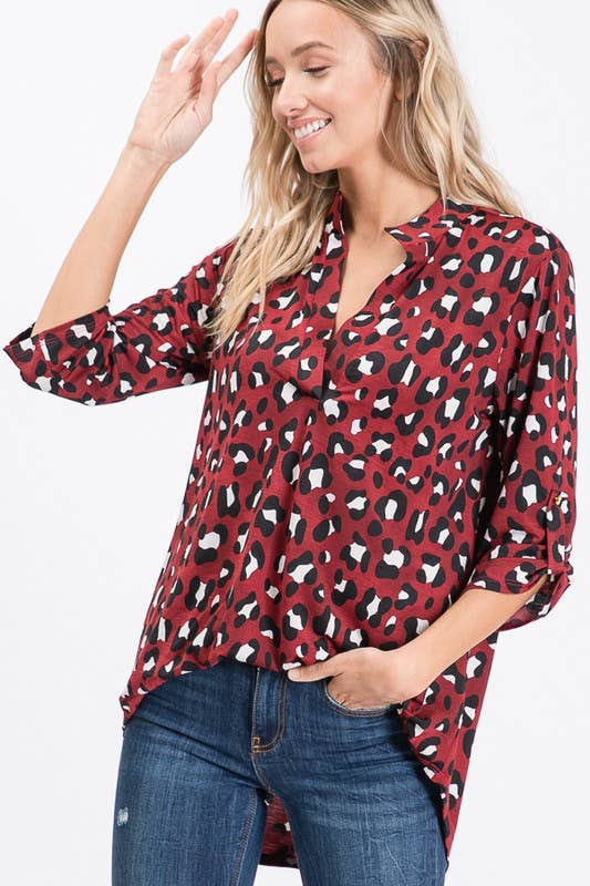 Roll Up Button Sleeve Animal Collar Top
