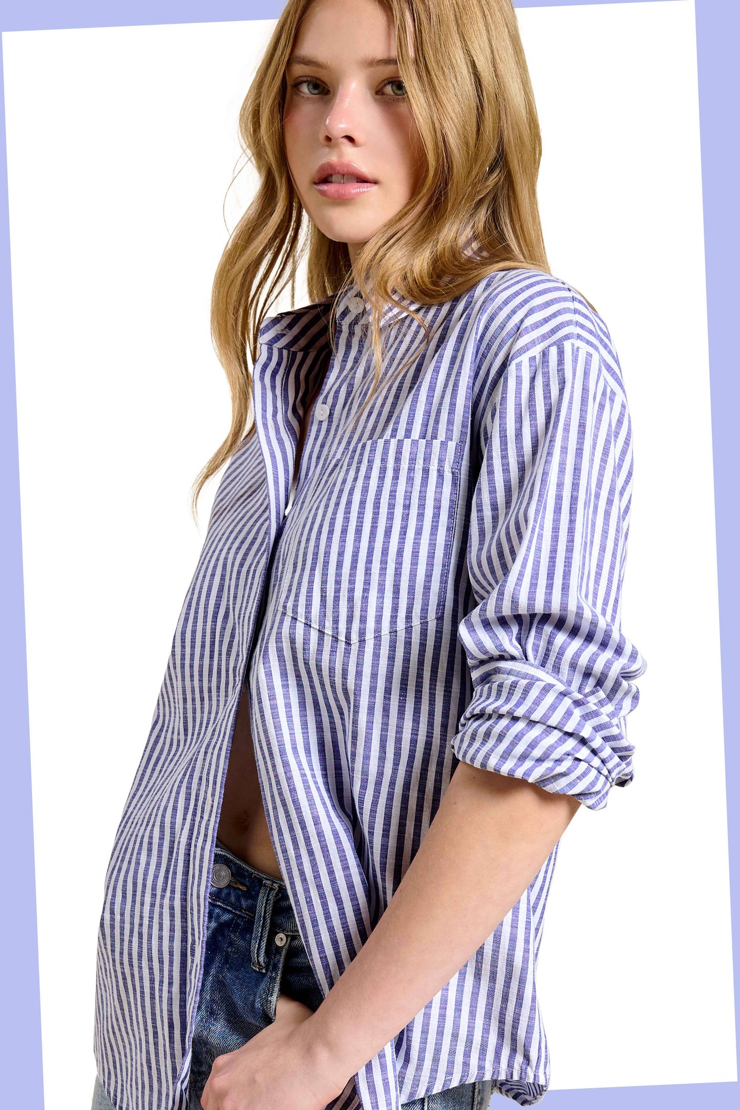 -Collared Contrast Stripe Button Down