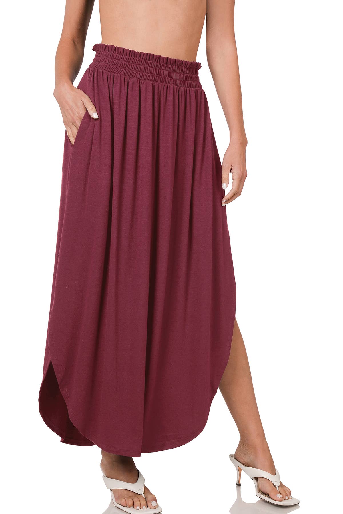 SMOCKED WAIST SIDE SLIT MAXI SKIRT WITH POCKETS