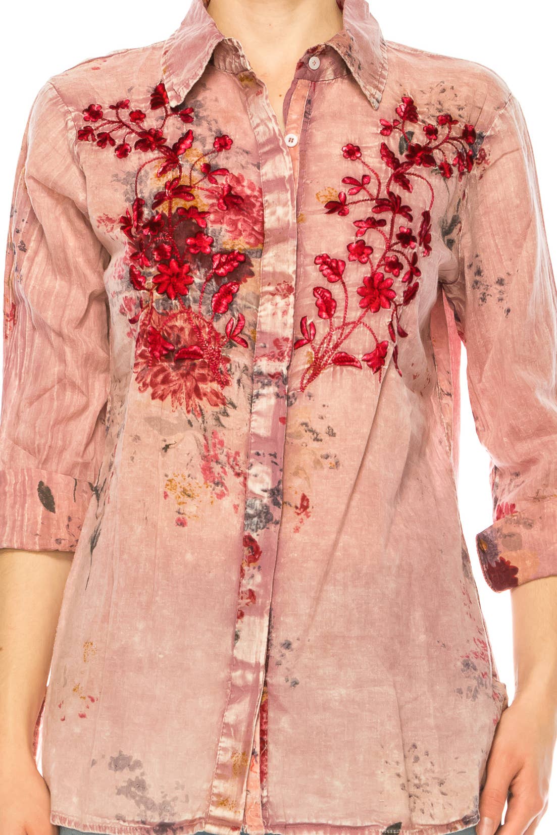 Vintage Pink Floral Printed Shirt with Embroidery