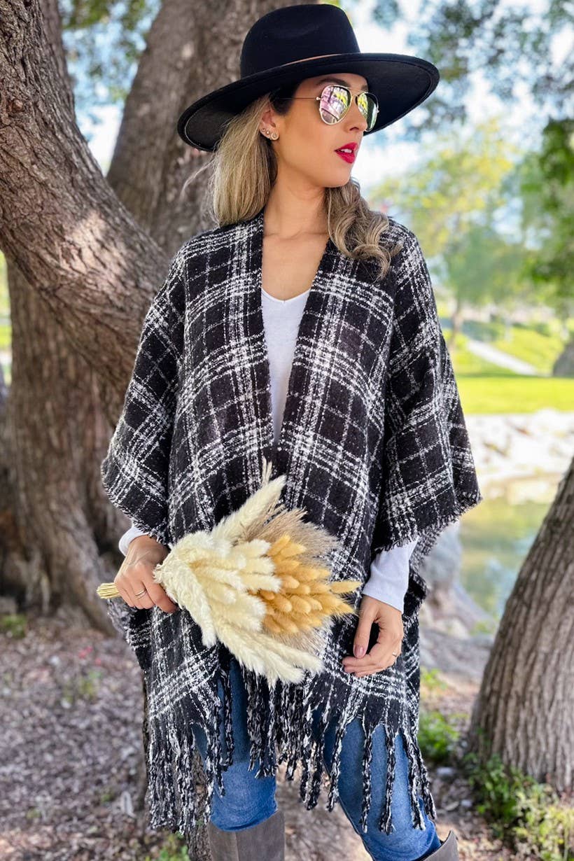 Black Plaid printed Reversible Knit Ruana Cape Cardigan