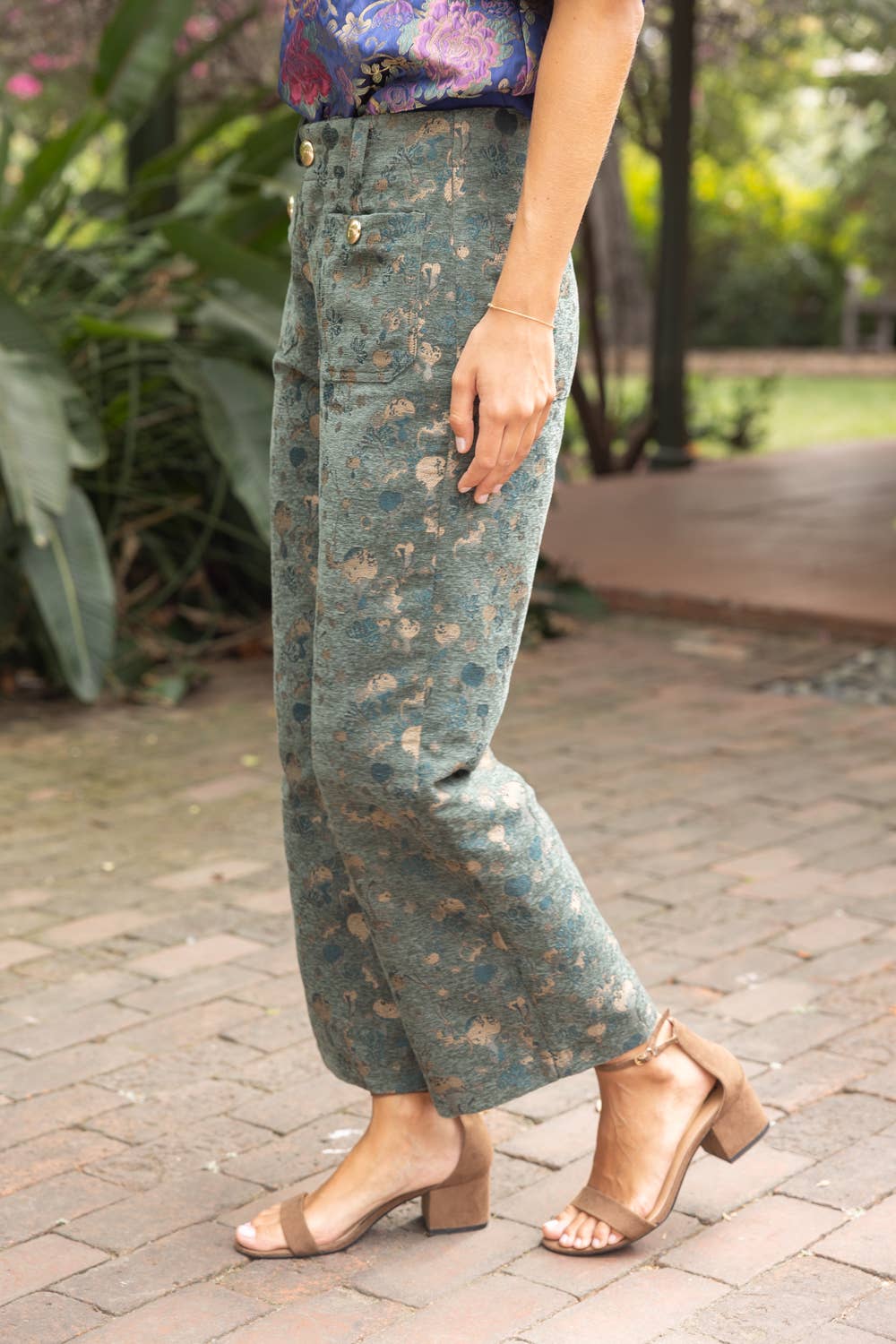 Gold Button Abstract Velvet Jaquard Wide Leg Pants