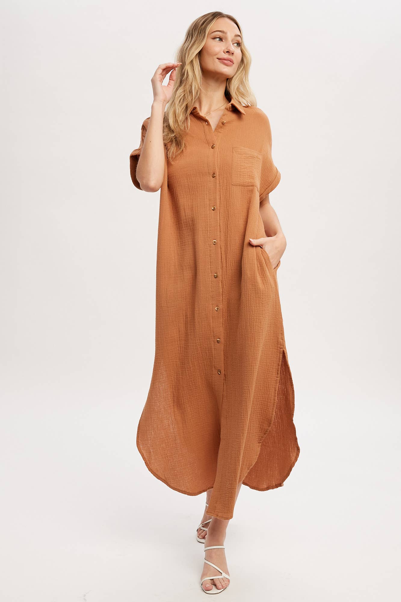 Button Up Maxi Shirt Dress with Pocket