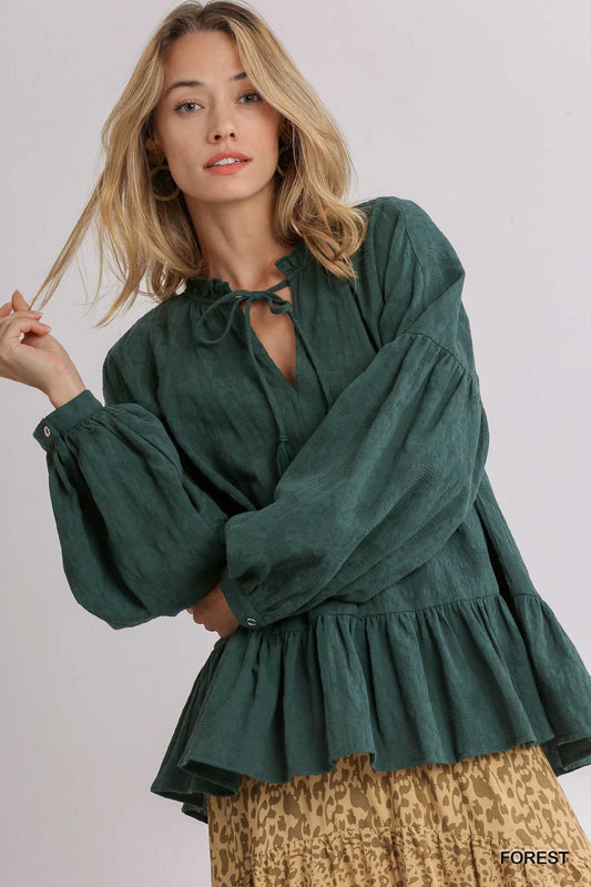 Textured Ruffle Split Neck Long Sleeve Babydoll Top