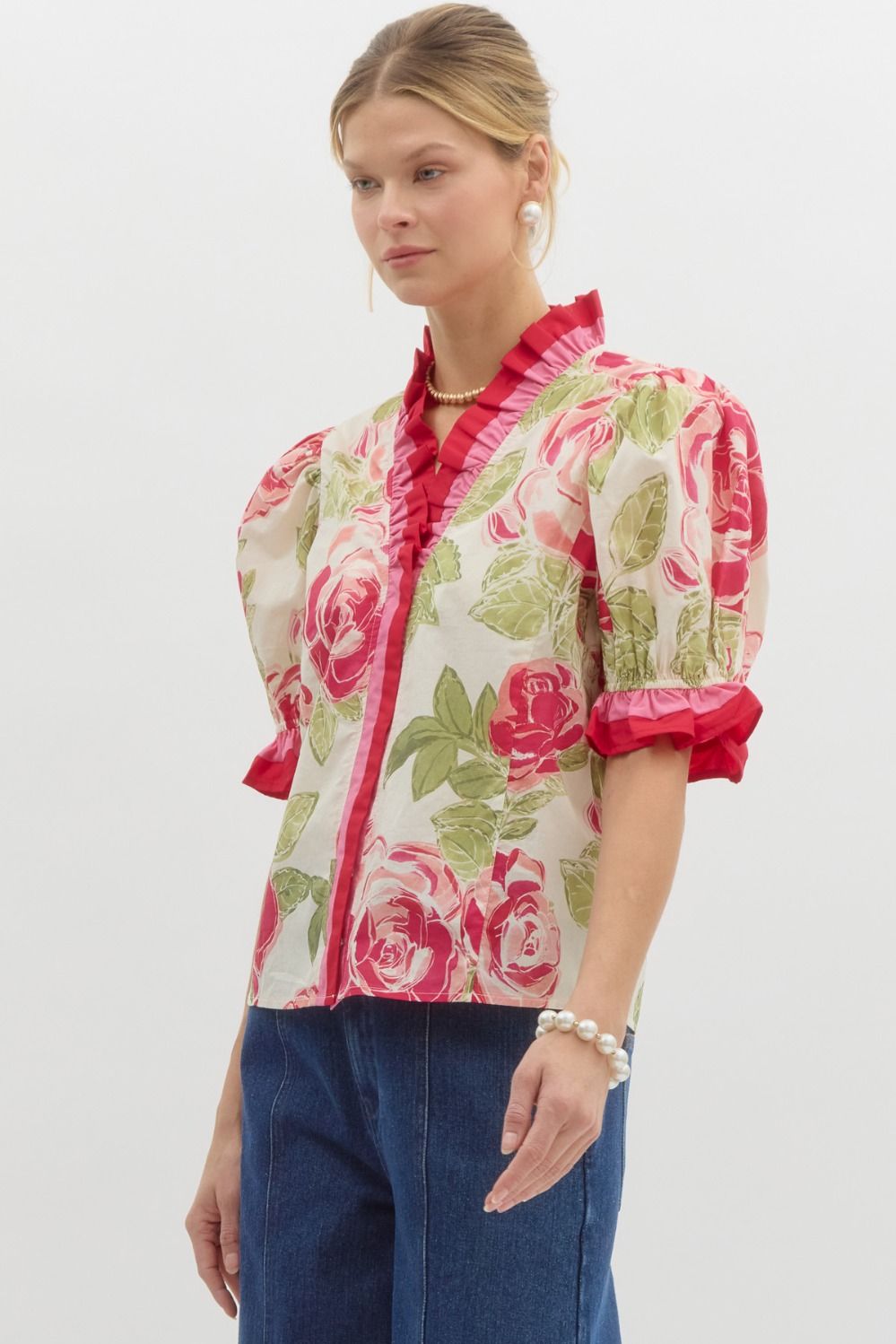 Floral print elasticated short puff sleeve